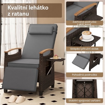 Relaxačné kreslo z PE ratanu HW75158GR, 79-142 x 60 x 105-72 cm, šedé - B