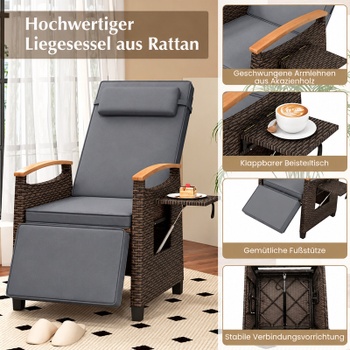Relaxačné kreslo z PE ratanu HW75158GR, 79-142 x 60 x 105-72 cm, šedé - B