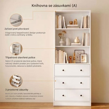 6poschodová knižnica XFT-002, s 3 zásuvkami, 40 × 60 × 180 cm, biela - B