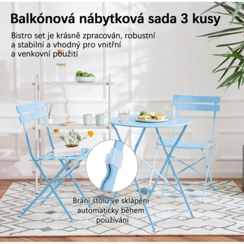 Skládací bistro set WD-S123, 3dílný, stůl a 2 židle, modrá - N
