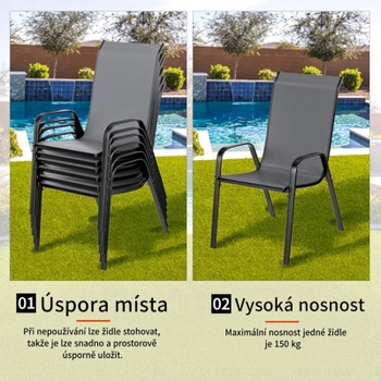 Stohovateľné záhradné stoličky so zvýšeným operadlom YTC-301, 54 x 69 x 93 cm, súprava 6 kusov, šedá - N