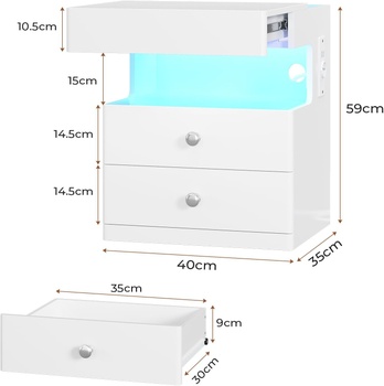 Nočný stolík so zásuvkou a LED osvetlením, 40 x 35 x 59 cm, biely - N