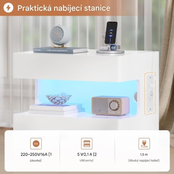 Nočný stolík so zásuvkou a LED osvetlením, 40 x 35 x 59 cm, biely - N