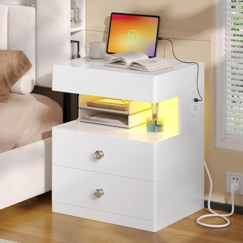 Nočný stolík so zásuvkou a LED osvetlením, 40 x 35 x 59 cm, biely - N