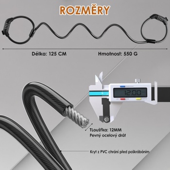 Zámok na bicykel a kolobežku GK102.705, dvojitý kombinačný zámok, 125 cm, 12 mm, čierny - N