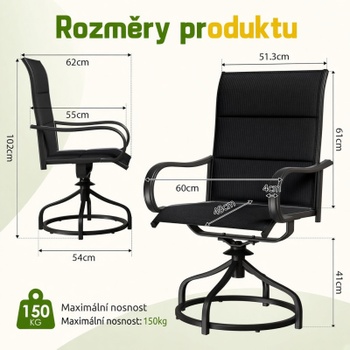 Záhradná otočná stolička AT6454, 60 x 60 x 102 cm, súprava 2 kusov, čierna - A