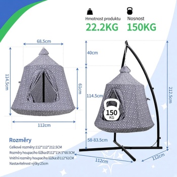 Závesné hojdacie kreslo SW134M, s rámom, 112 x 112 x 212,5 cm, šedá - B