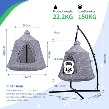 Závesné hojdacie kreslo SW134M, s rámom, 112 x 112 x 212,5 cm, šedá - B