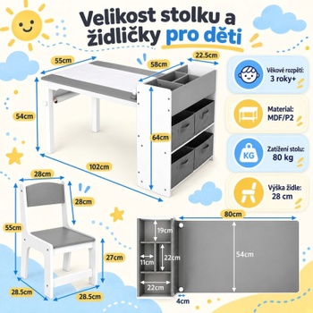 Detský stôl s 2 stoličkami a úložným priestorom LY-19, 102 x 55 x 54 cm, bielo/sivá - B