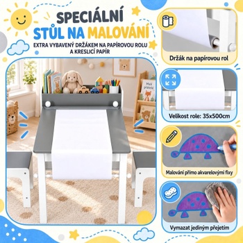 Detský stôl s 2 stoličkami a úložným priestorom LY-19, 102 x 55 x 54 cm, bielo/sivá - B