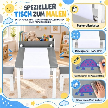 Detský stôl s 2 stoličkami a úložným priestorom LY-19, 102 x 55 x 54 cm, bielo/sivá - B