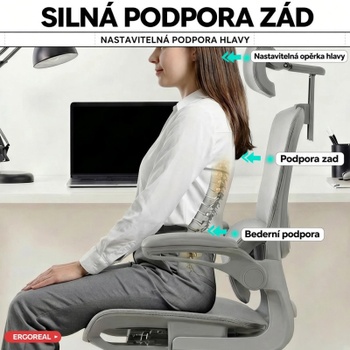 Ergonomická kancelárska stolička s 3D opierkou hlavy ER-25W05-03-EU, nosnosť do 120 kg, šedá - A