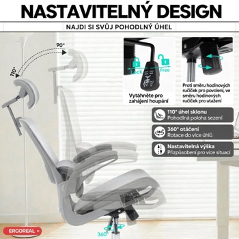 Ergonomická kancelárska stolička s 3D opierkou hlavy ER-25W05-03-EU, nosnosť do 120 kg, šedá - A