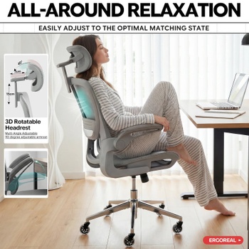 Ergonomická kancelárska stolička s 3D opierkou hlavy ER-25W05-03-EU, nosnosť do 120 kg, šedá - A
