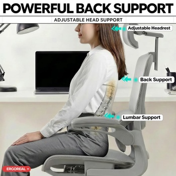 Ergonomická kancelárska stolička s 3D opierkou hlavy ER-25W05-03-EU, nosnosť do 120 kg, šedá - A