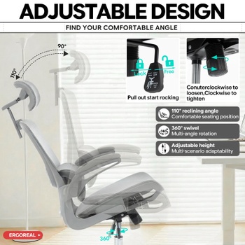 Ergonomická kancelárska stolička s 3D opierkou hlavy ER-25W05-03-EU, nosnosť do 120 kg, šedá - A