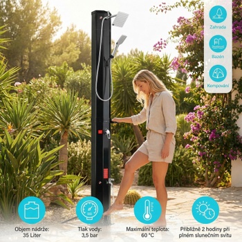 Solárna záhradná sprcha KR102-1, 35 l, 217 cm, s krytom a kohútikom, čierna - N