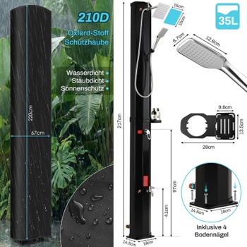 Solárna záhradná sprcha KR102-1, 35 l, 217 cm, s krytom a kohútikom, čierna - N