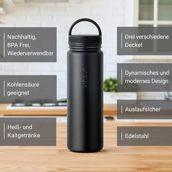 Vinsun nerezová fľaša na vodu 500ml - slamka, výpusť na pitie, skrutkovací uzáver - nepriepustná,