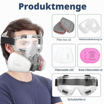 Opakovaně použitelný respirátor, plynová maska s filtrem, 22 prachových filtrů a 1 pár ochranných
