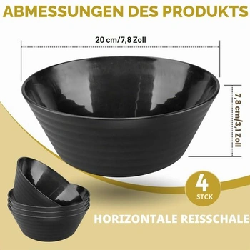 Sada 4 velkých černých misek na cereálie o průměru 20 cm, vhodných na saláty, polévky a ramen. Tyto