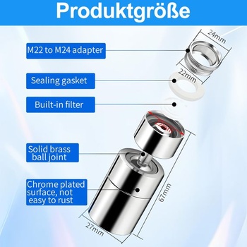 Otočný nástavec na kohoutek o 360°, M22/M24, otočný, šetřící, stříbrný