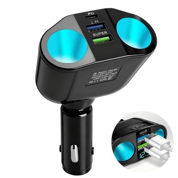 Rozbočovač 5 v 1 pre zapaľovač cigariet, USB C nabíjačka do…