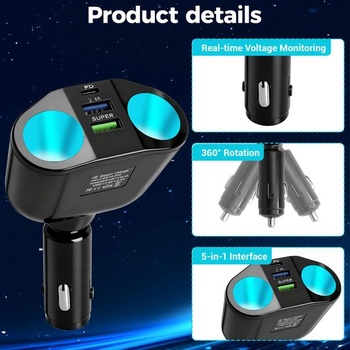 Rozbočovač 5 v 1 pre zapaľovač cigariet, USB C nabíjačka do auta a zapaľovač cigariet