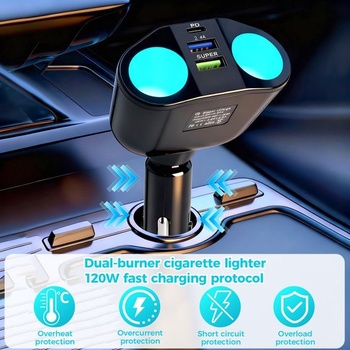 Rozbočovač 5 v 1 pre zapaľovač cigariet, USB C nabíjačka do auta a zapaľovač cigariet