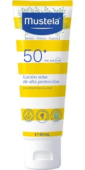 Mustela Opaľovacie mlieko SPF 50, tvár, telo, s avokádom, vhodné pre dojčatá, deti, celú rodinu a