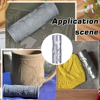 Váleček s texturou hlíny s kolibříkem vyrobený z plastových sloupků, keramické nástroje, válečky,