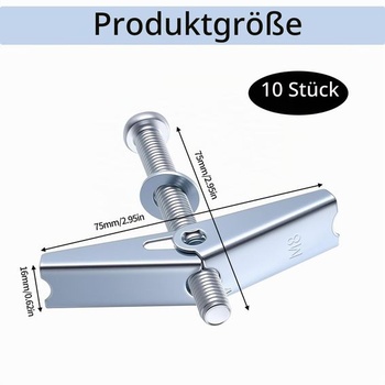 10 ks překlápěcích šroubů M8, šrouby 75 mm, s křídlovou maticí a podložkami M8x75 10,0