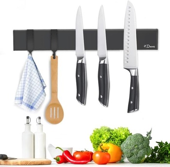 Magnetický prúžok na nože Dmore 30 cm s 2 háčikmi, čierny magnetický držiak na nože bez vŕtania,