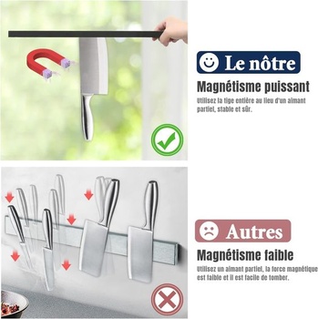 Magnetický prúžok na nože Dmore 30 cm s 2 háčikmi, čierny magnetický držiak na nože bez vŕtania,
