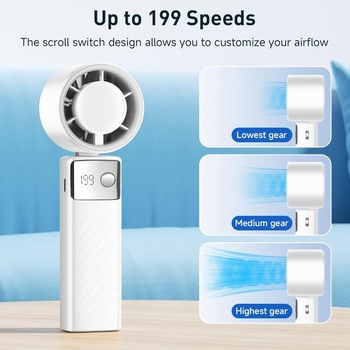 Ručný ventilátor, mini prenosný ventilátor s LCD displejom a 199 rýchlosťami, tichý USB ventilátor s