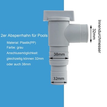 Uzavírací ventil bazénu s hadicovou přípojkou 32 mm, uzavírací ventil bazénové hadice 32 mm, PVC