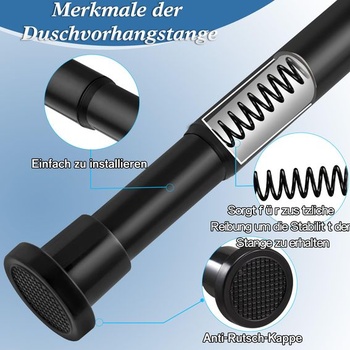Čierna tyč na sprchový záves, nie je nutné vŕtať, výsuvná teleskopická tyč 73-224 cm do sprchového