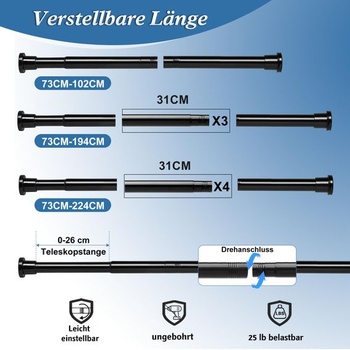 Čierna tyč na sprchový záves, nie je nutné vŕtať, výsuvná teleskopická tyč 73-224 cm do sprchového