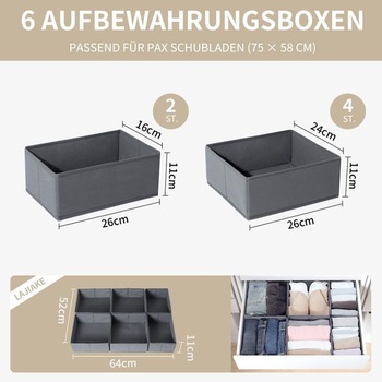 Sada 6 zásuvkových organizérov na oblečenie do šatníkových skríň PAX 75x58cm, šedá 75x58cm | Šedá | Súprava