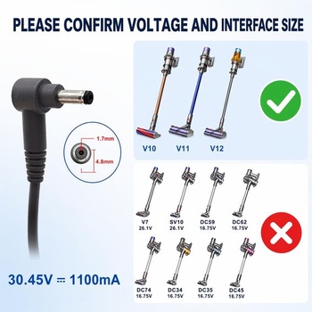 Nabíjačka, 30,45 V, 1100 mA, kompatibilná s Dyson V10, V11, V12 a V15