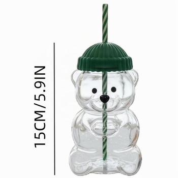 Slaměný hrnek Yanmis Bear, roztomilý skleněný hrnek s víčkem a brčkem, 590 ml, žáruvzdorné