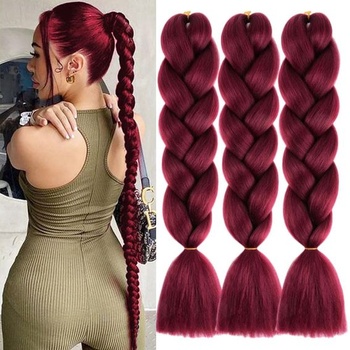 Vínové syntetické vlasy na zapletanie, 24 palcov, 3 balenia, Easy Jumbo Braid, Predpäté predlžovanie,