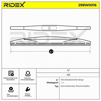 RIDEX 298W0016 Zadní stěrač bez spoileru, 400 mm, kompatibilní s vozy OPEL Corsa C Hatchback X01,