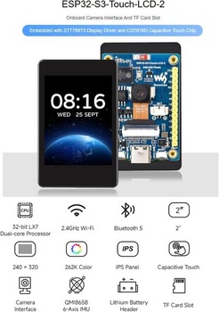 Vývojová deska Waveshare ESP32-S3 s 2palcovým kapacitním dotykovým displejem, 240 × 320 pixelů, 262