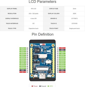 Vývojová deska Waveshare ESP32-S3 s 2palcovým kapacitním dotykovým displejem, 240 × 320 pixelů, 262