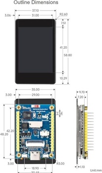 Vývojová deska Waveshare ESP32-S3 s 2palcovým kapacitním dotykovým displejem, 240 × 320 pixelů, 262