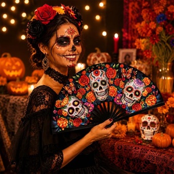 Vejár na Deň mŕtvych 64 cm, skladací vejár s motívom svietiacej lebky pre ženy, halloweensky kostýmový