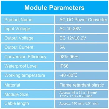 Usměrňovač AC-DC, vodotěsný snižující měnič AC 12V na DC 12V, 5A