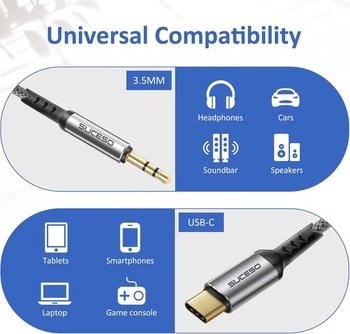 Kábel SUCESO USB-C na 3,5 mm Aux s audio konektorom typu C Kábel USB-C na 3,5 mm Aux kompatibilný so