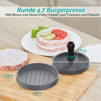 Lis na hamburgery GeeRic s nepřilnavým povrchem a 100 papírovými plackami, robustní hliníkový lis